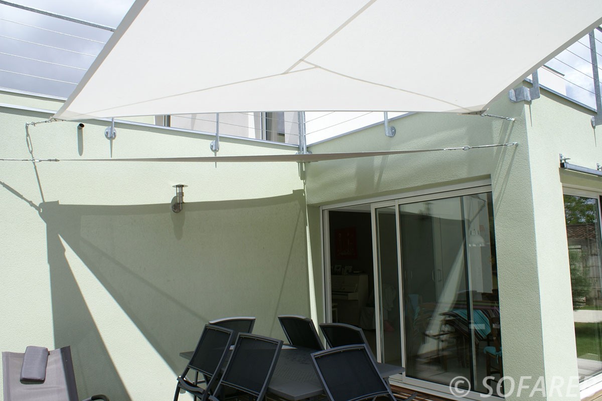 Dessous d'une voile dombrage rectangulaire concu sur-mesure par Sofareb et installée au dessus d'une terrasse avec des mobiliers de jardin