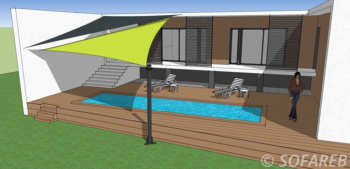 Plan 3D de lexterieur dune maison avec deux voiles dombrage vertes et noires au dessus dune piscine